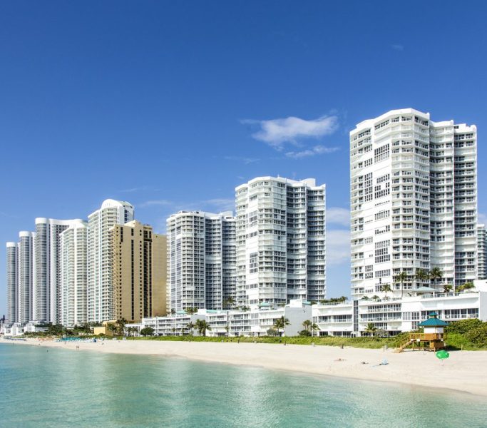 beautiful beach with condomiums and skyscraper in Sunny Islands, Miami